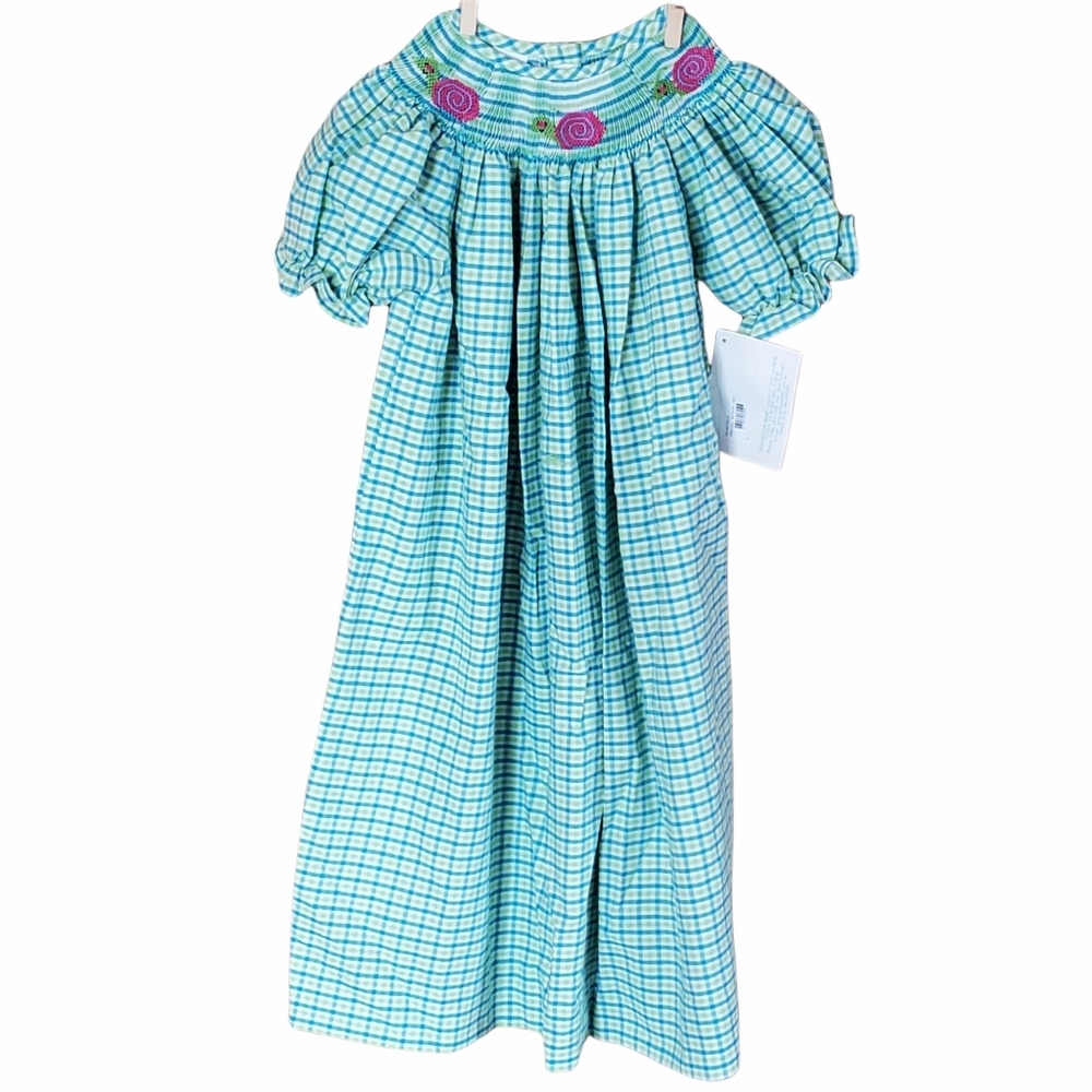 Vive La Fête Green Blue Plaid Dress Smocked Neck Snails Button Up Back Size 5